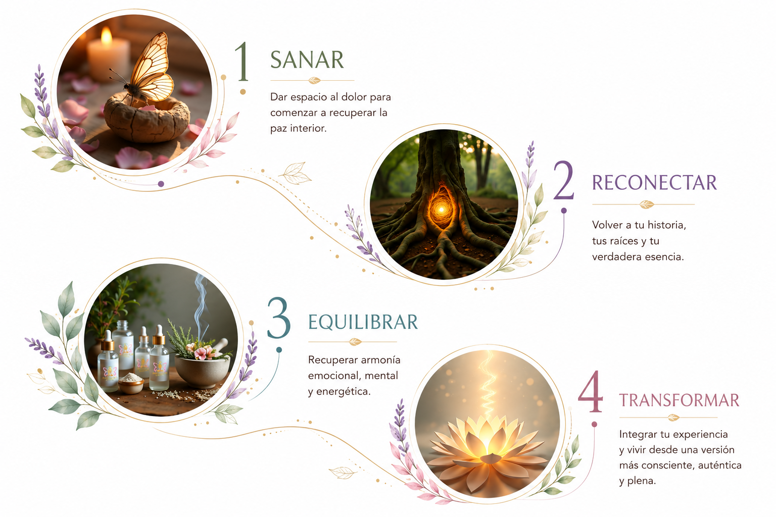 Representación visual de los cuatro pilares del Sendero Orgánico: sanar, reconectar, equilibrar y transformar como base del acompañamiento integral de MAY-RAH-KEY.