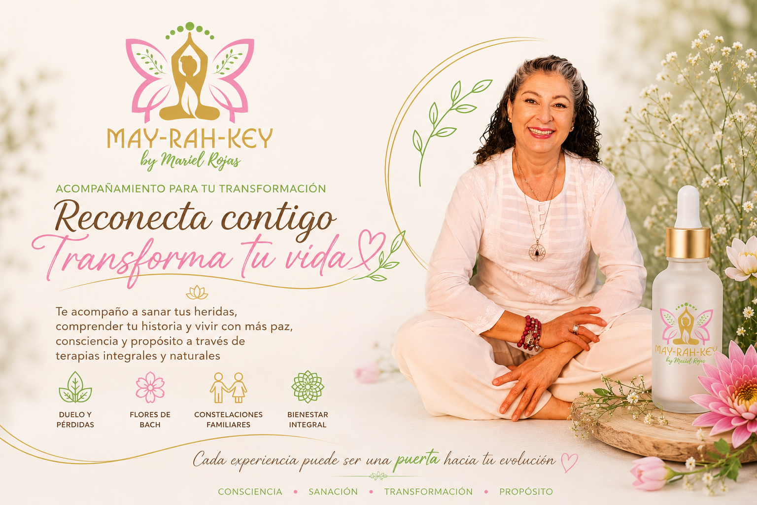 Mariel Rojas, fundadora de MAY-RAH-KEY, acompañando procesos de transformación consciente, bienestar integral y crecimiento personal mediante terapias naturales.