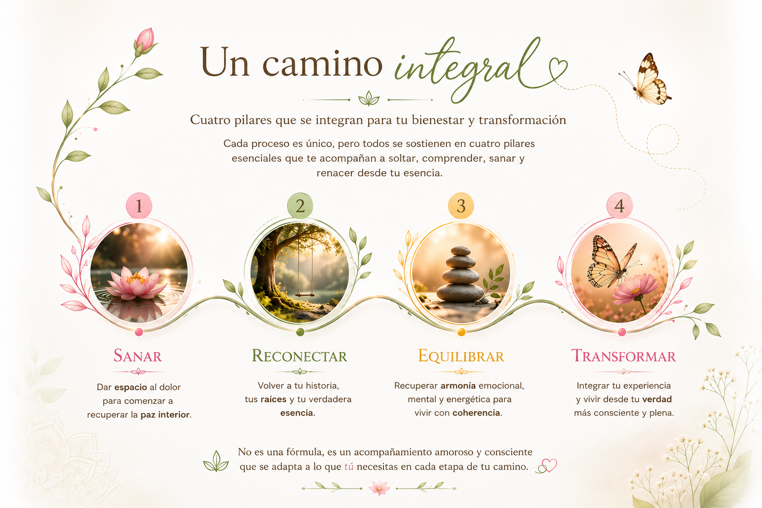 Los cuatro pilares del Sendero Orgánico de MAY-RAH-KEY: sanar, reconectar, equilibrar y transformar para promover el bienestar integral.