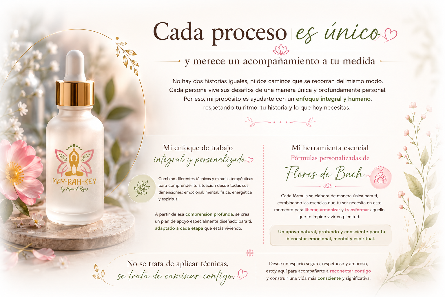 Acompañamiento integral y personalizado con fórmulas de Flores de Bach adaptadas a las necesidades individuales de cada persona.